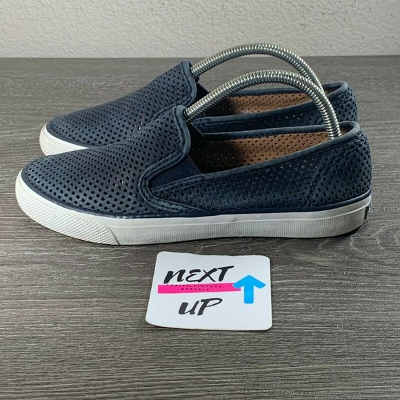 Sperry Shoes - Sperry Womens Navy Blue Seaside Perforated Slip-On Distressed Sneaker Shoes US 7